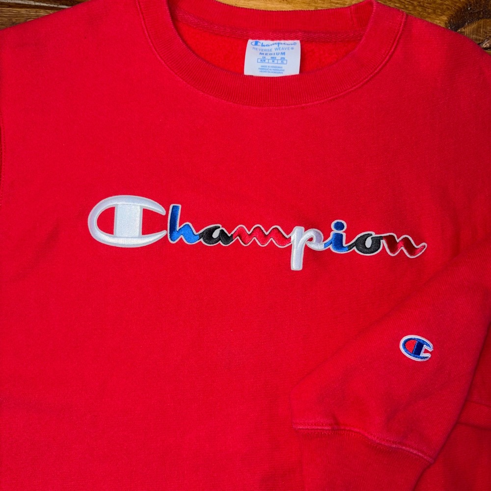 Champion Reverse Weave Sweatshirt Mens Medium Red Script Logo Pullover Crewneck